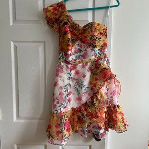 Marchesa Notte Floral Print One Shoulder Mini Dress